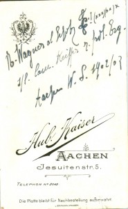 beschriftete Bildrückseite:N. Wagner al. Schotz L! (xxx)(xx) x s/l Cam. Keiffer z frdl. Erg. Aachen W.S. 1902/03