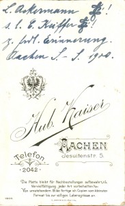 L. Ackermann L! s.l. C. Keiffer L! z. frdl. Erinnerung. Aachen S.-S. 1900.