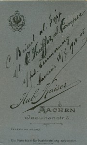 Handschriftliche Eintragung:C. Beissel al. Sipp s/l C. Keiffer al. Comper z/frdl Erinnerung Aachen, W/S 1904/05